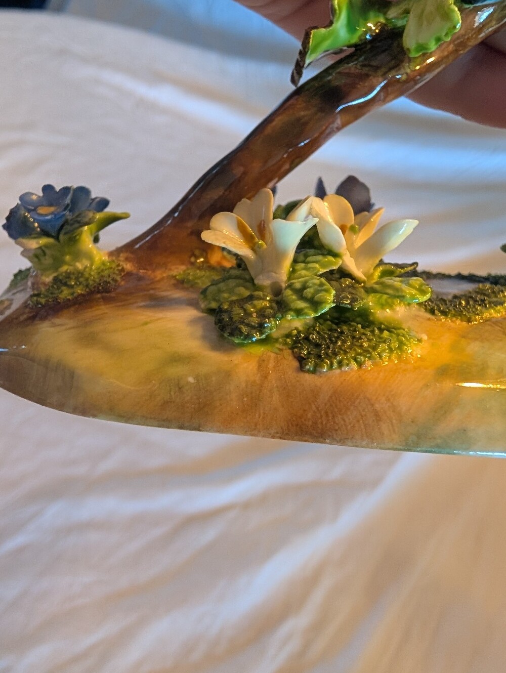 Blue and Yellow Ceramic Bird Figurine Trio on Branch - Decorative Home Accent - Picture 5 of 10